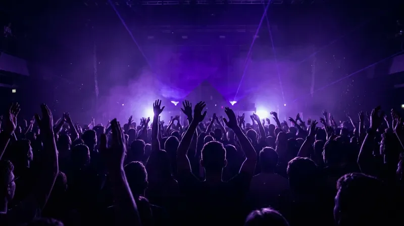 Concert crowd bathed in purple and violet stage lights