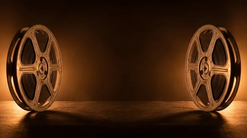 Vintage film reels with warm amber glow on dark background