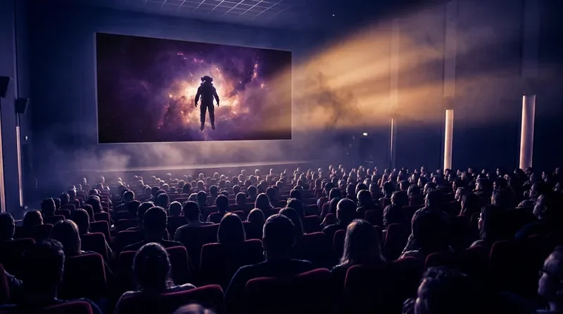 Packed cinema auditorium with glowing sci-fi screen, red seats, and dramatic projector haze